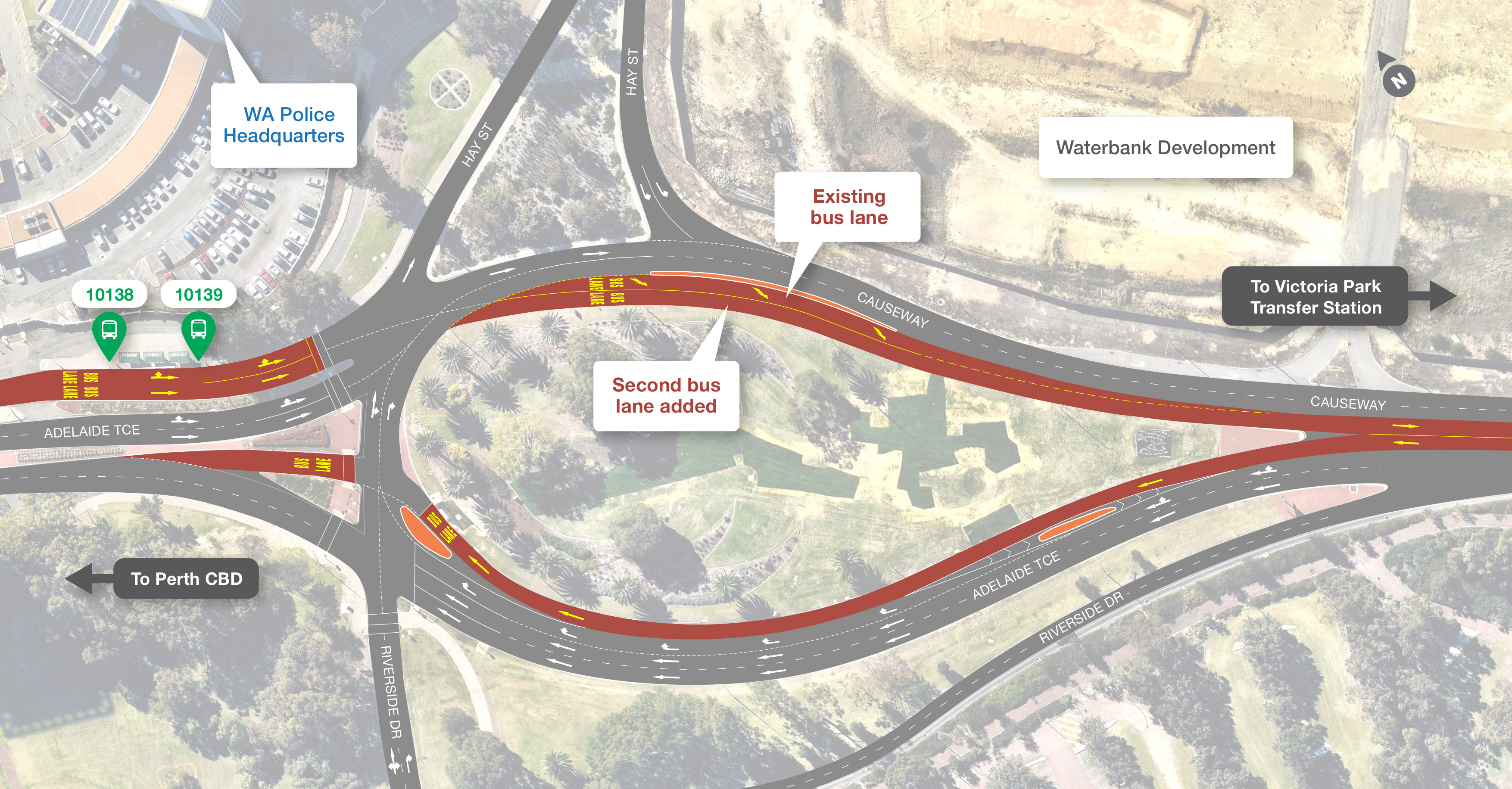 Map of additional bus priority lanes in East Perth