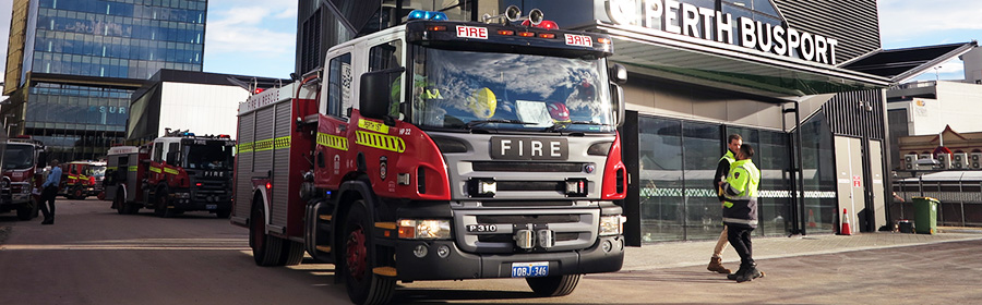 Firetruck and emergency services personnel at the Perth Busport